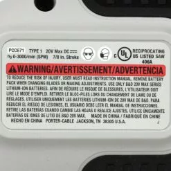 Porter-Cable Porter Cable PCC671 20V Lithium Ion Reciprocating Saw, Tool Only -Porter-Cable Sales Shop PCC671 E 03154.1500996815.1280.1280